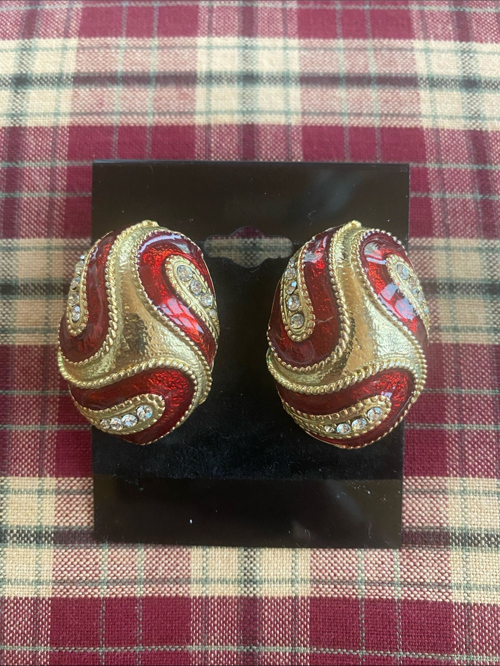 Red and Gold Enameled  Crystal Clip-On Earrings - Women Jewelry